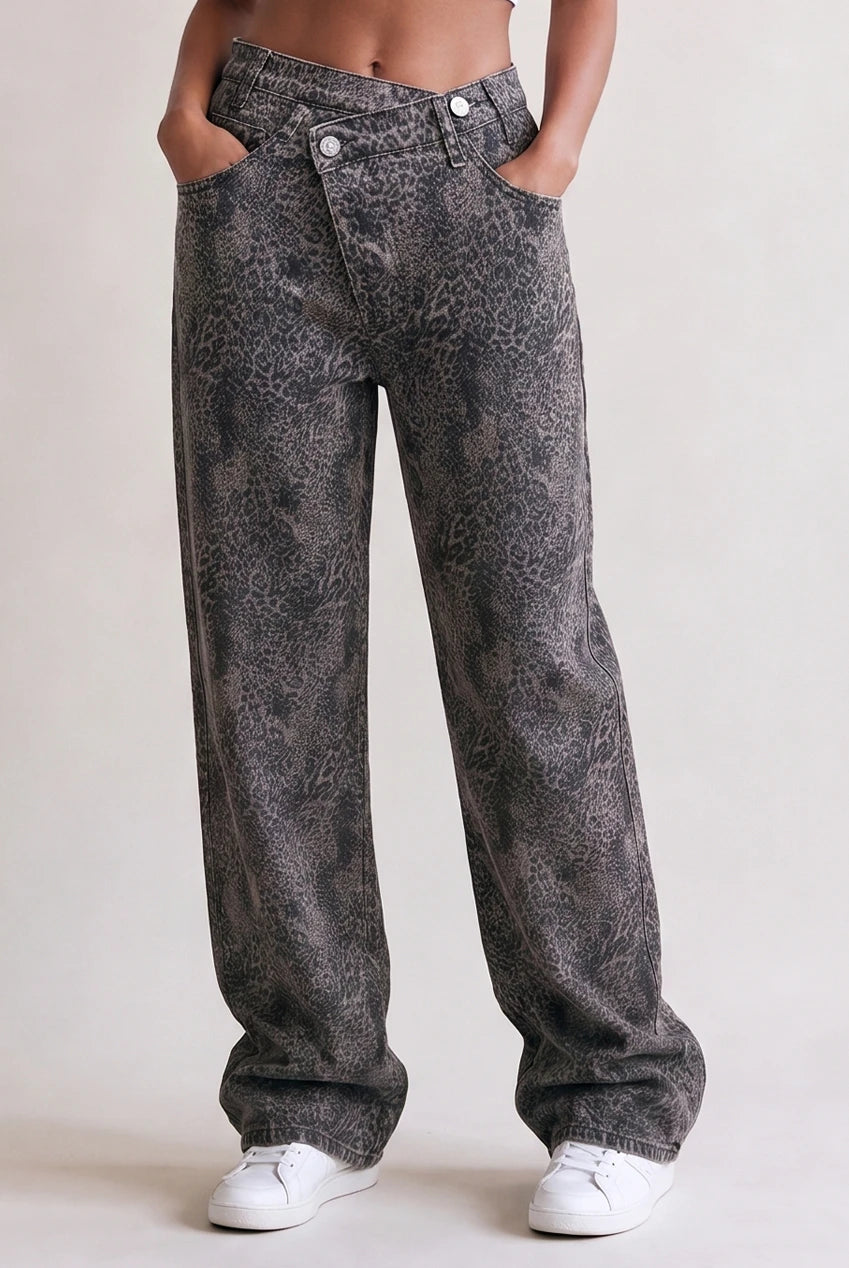 Animal Print Cross Over Waist Dad Fit Jeans