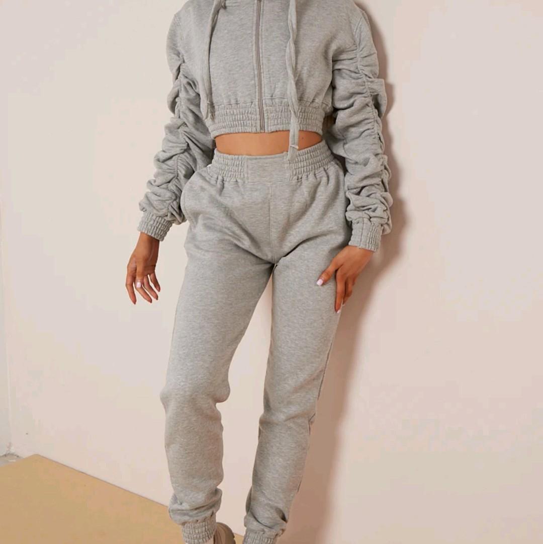 Cropped Ruched Hoodie Zipper and Jogger Set