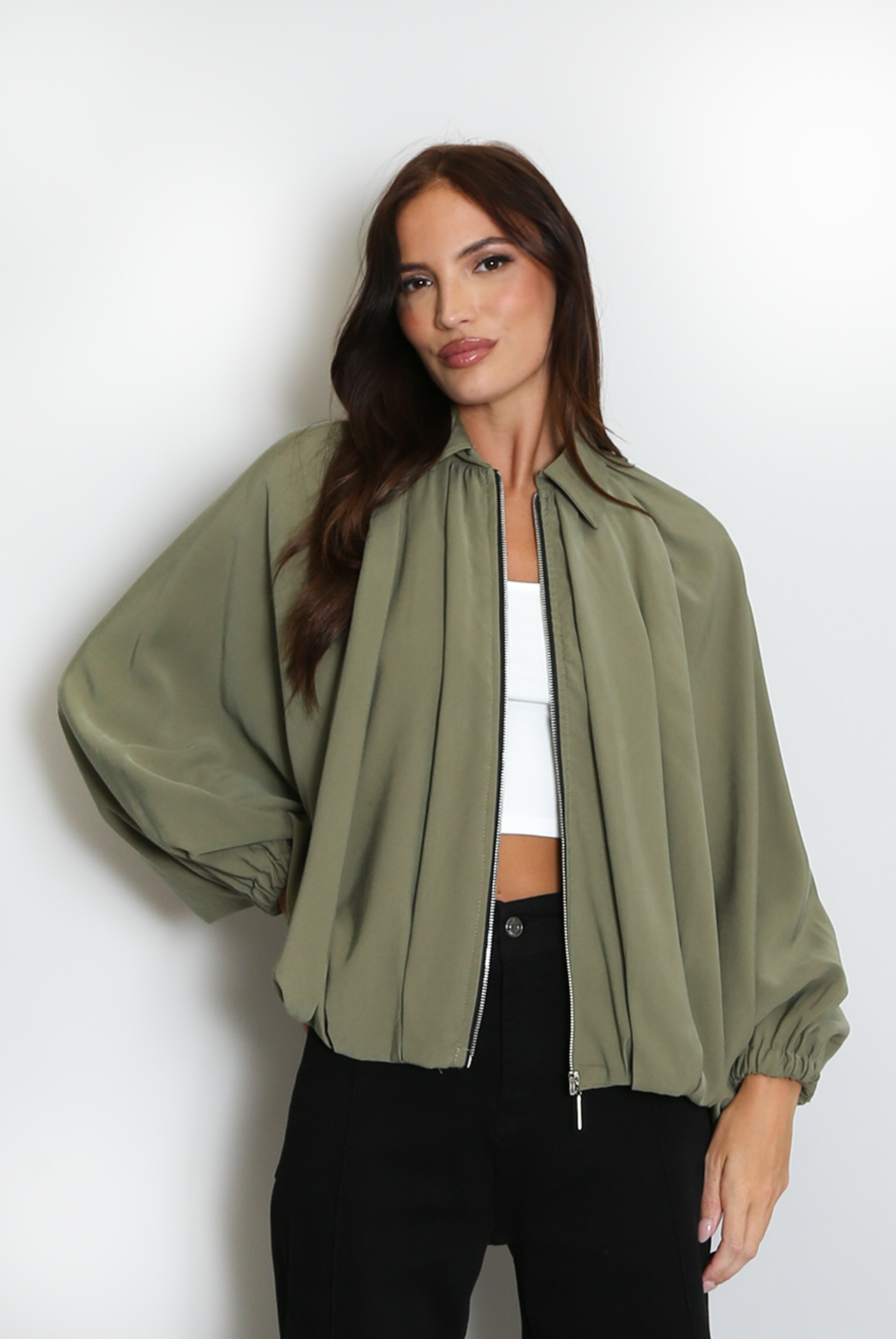 Lightweight Balloon Sleeve Bomber Jacket