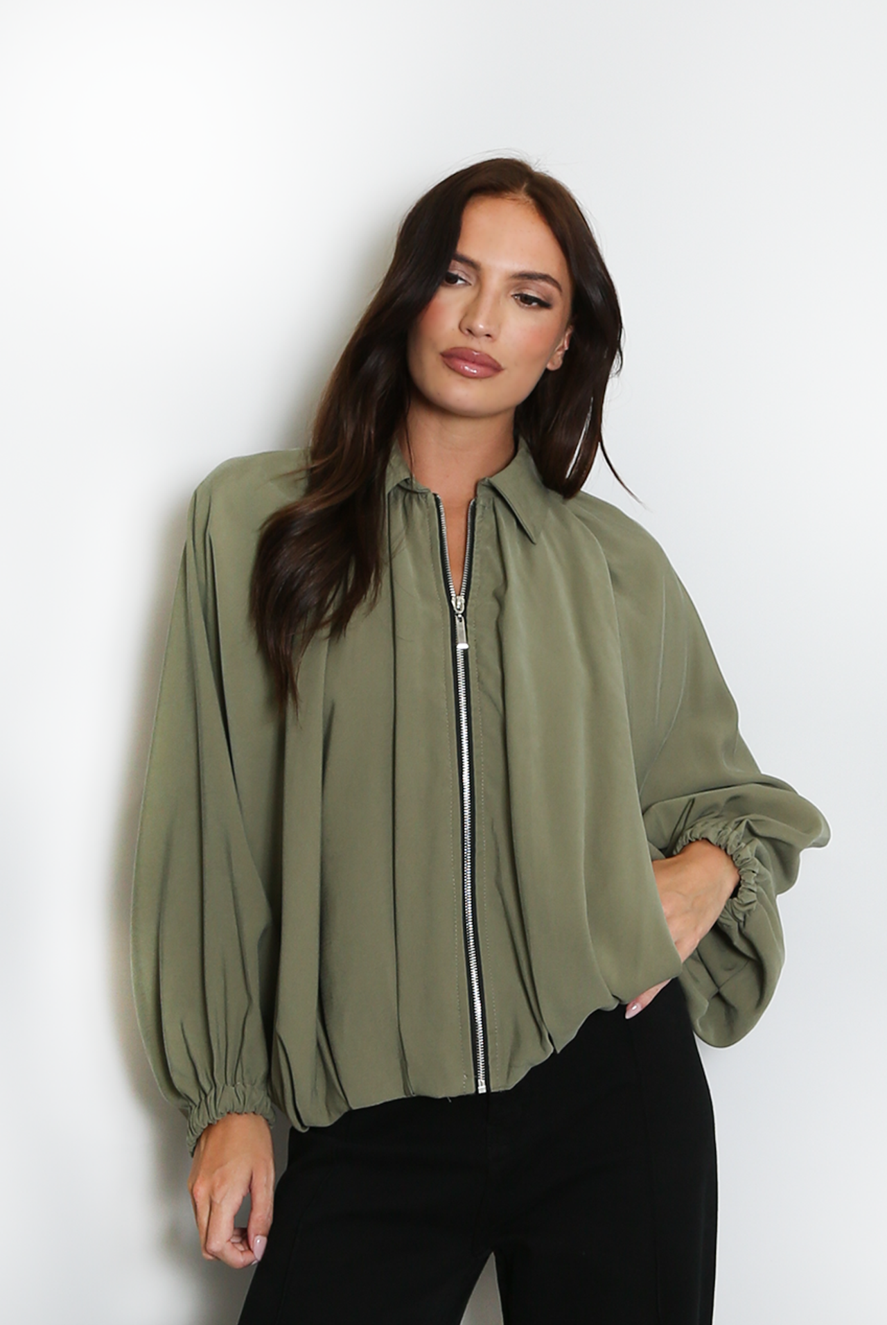 Lightweight Balloon Sleeve Bomber Jacket