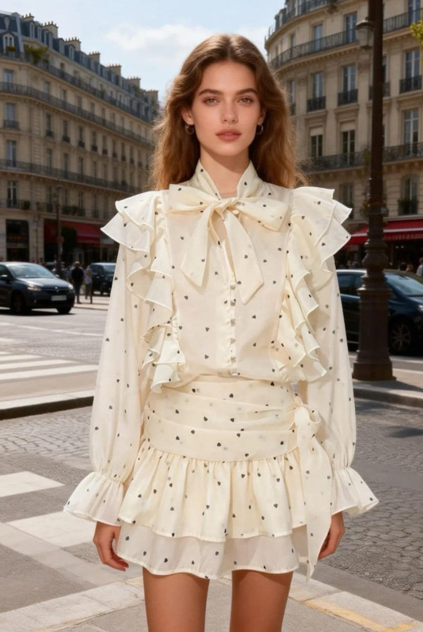 Heart Print Pussy Bow Frill Blouse