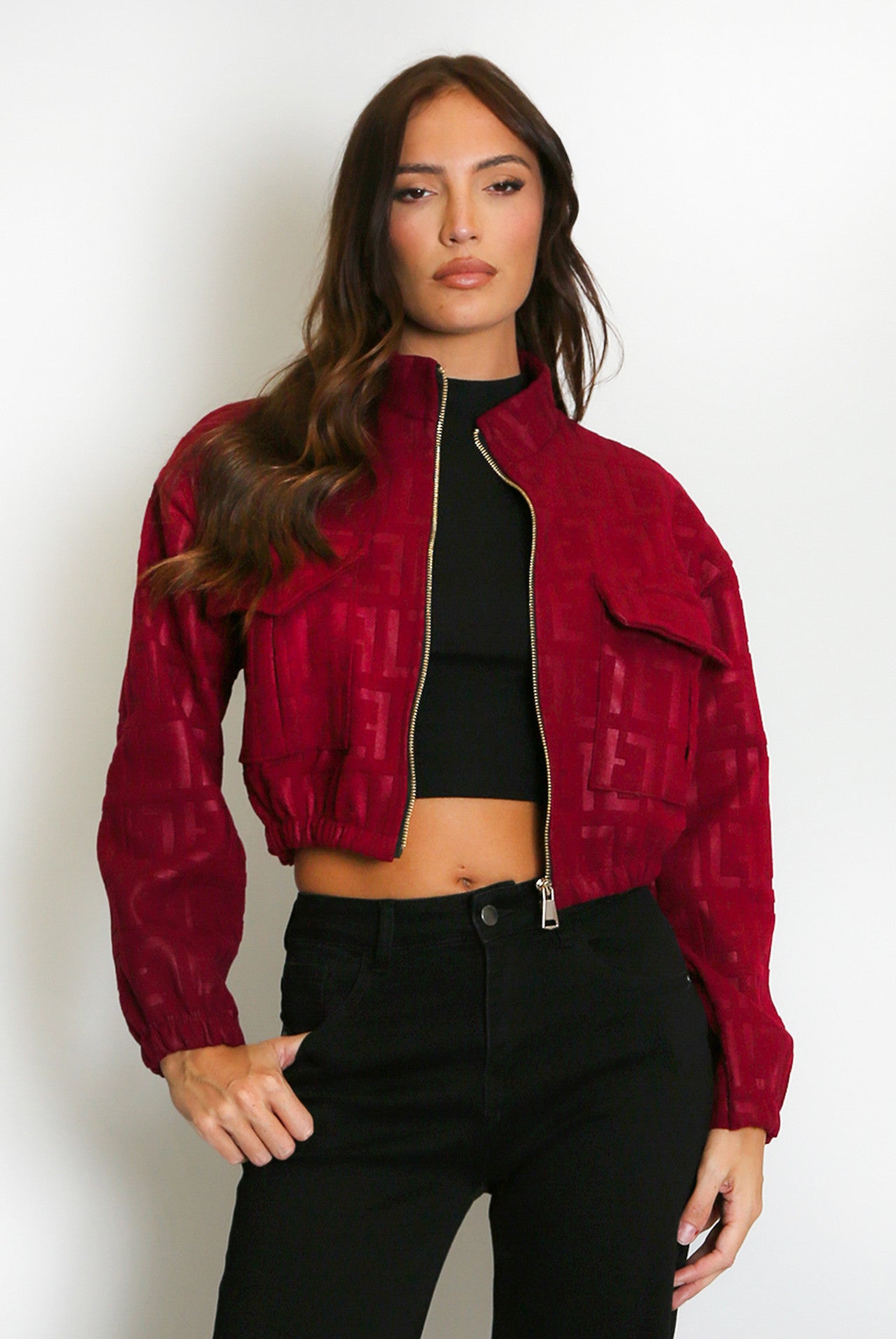 Embossed Cropped Faux Suede Bomber Jacket Designer Inspired