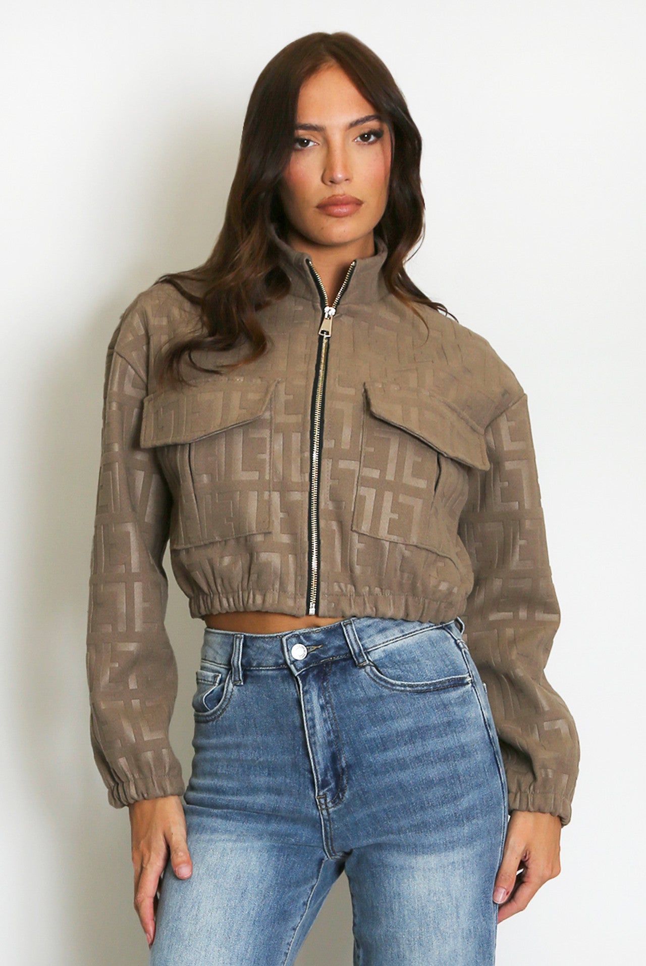 Embossed Cropped Faux Suede Bomber Jacket Designer Inspired