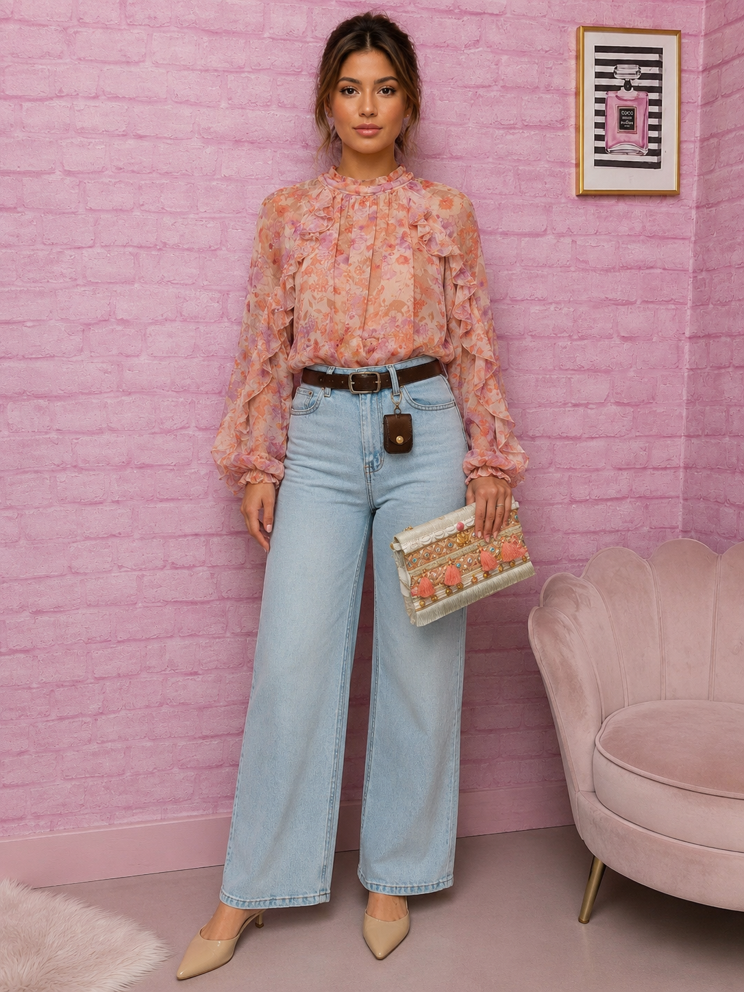 Designer Inspired Flare Jeans with Belt & Pouch