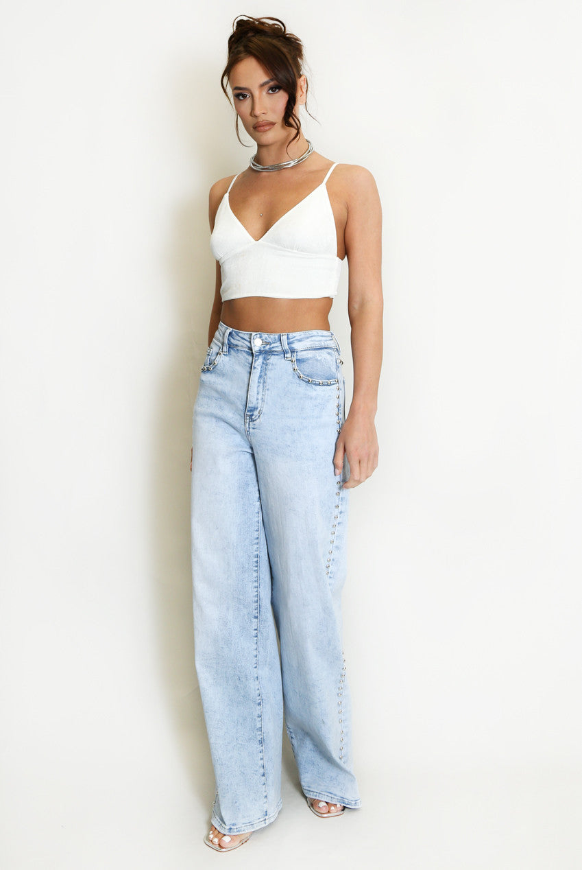 Studded Side Trim Wide Leg Jeans