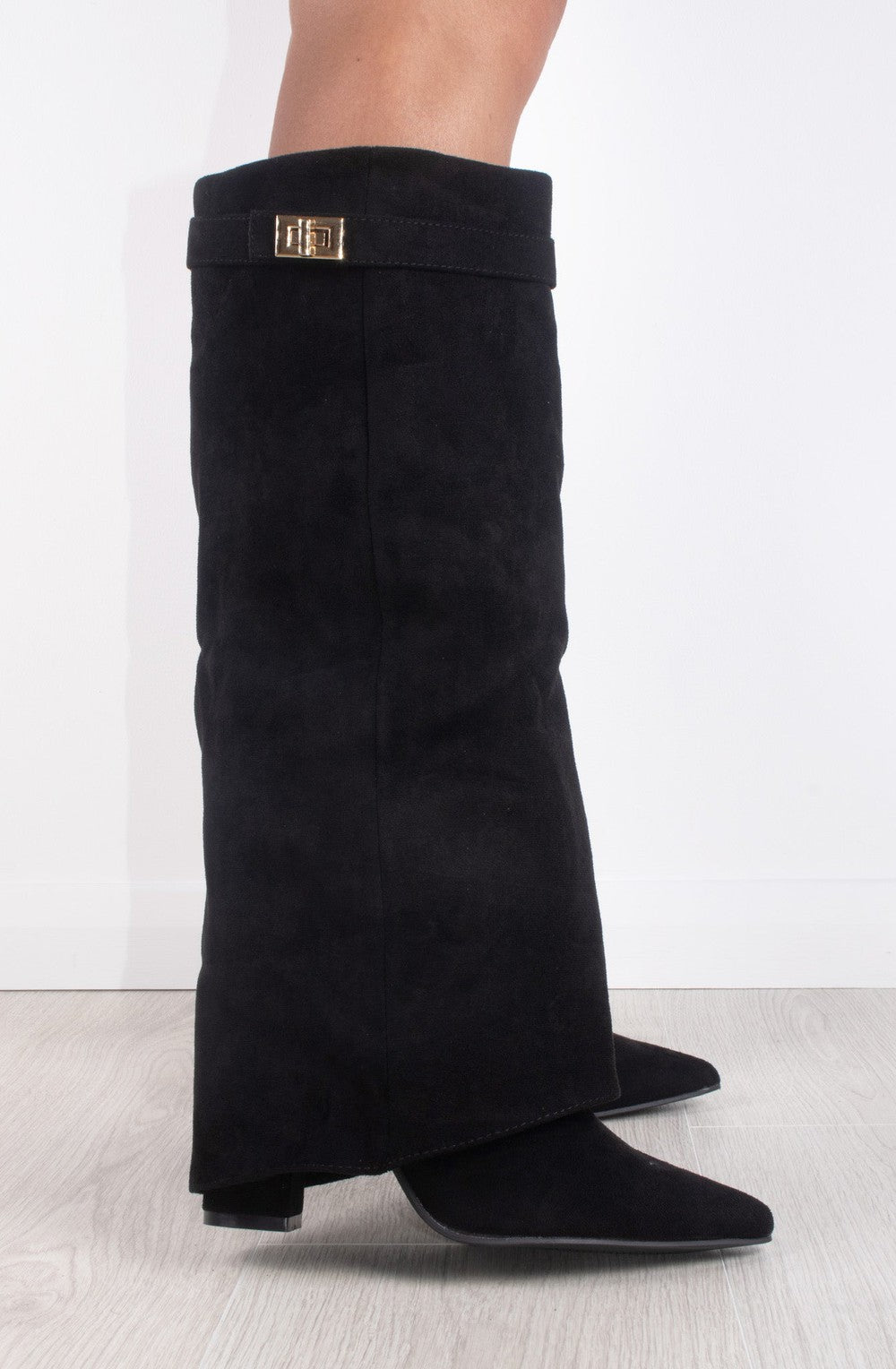 Faux Suede Black Fold Over Knee High Boot