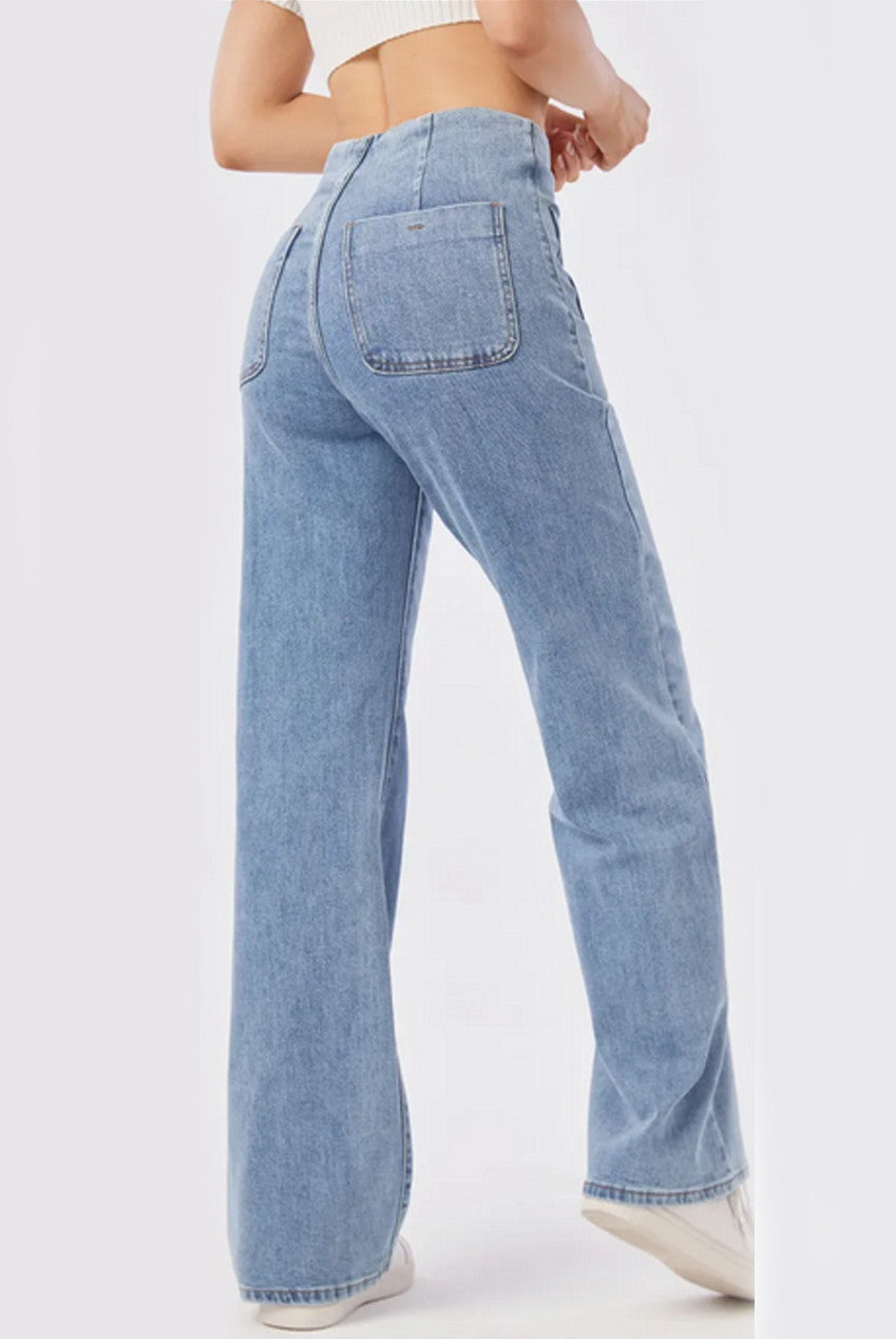 Wide Leg Denim Jeans with Gold Button