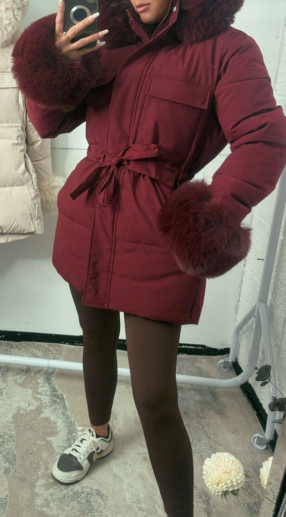 Padded Fur Hooded and Cuff Coat