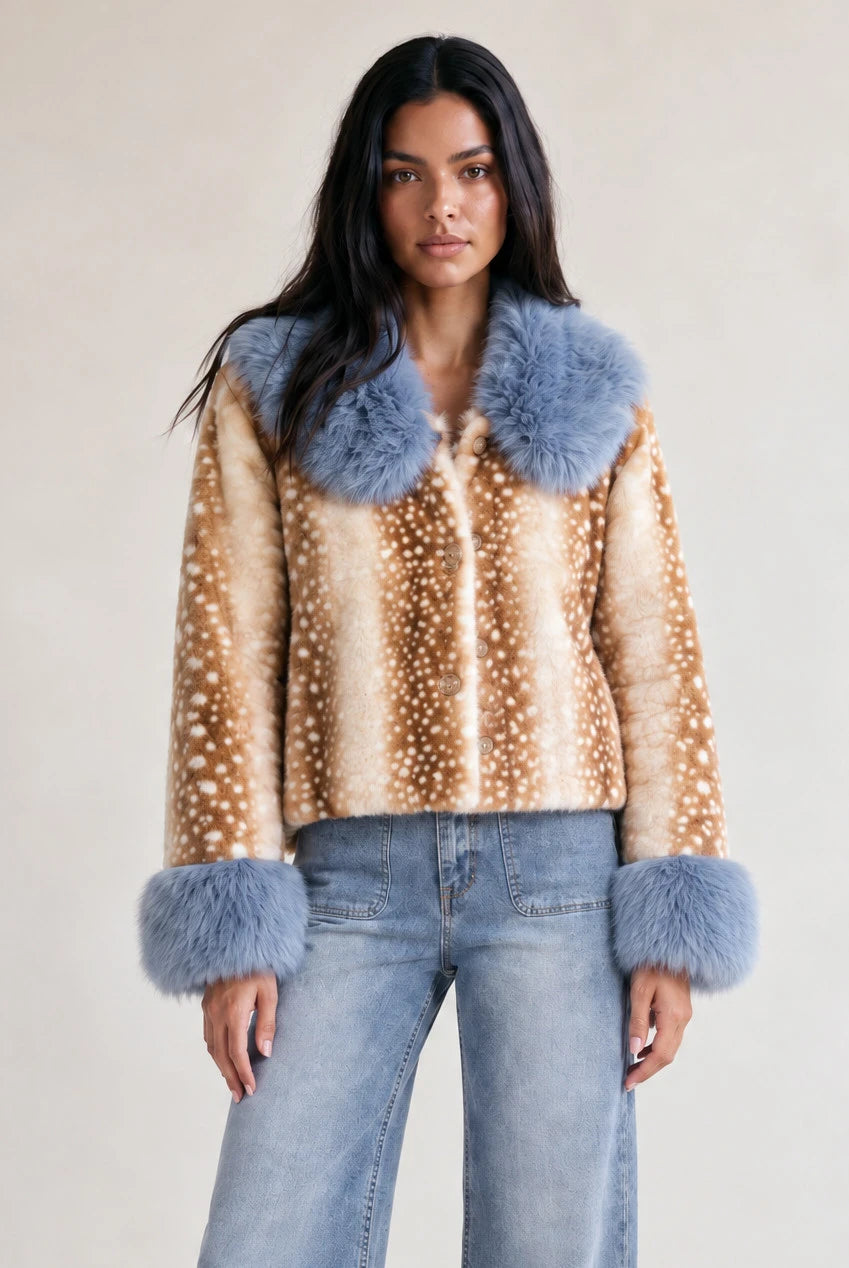 Ava Collar and Cuff Fawn Print Faux Fur Jacket