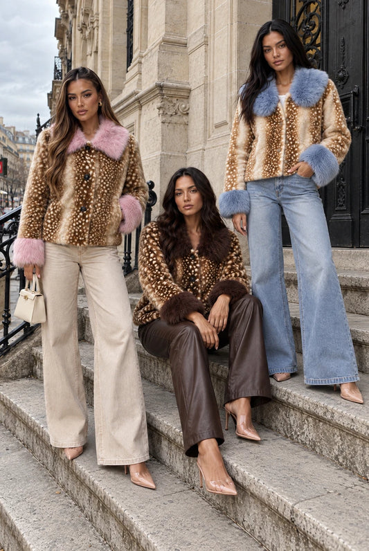 Ava Collar and Cuff Fawn Print Faux Fur Jacket