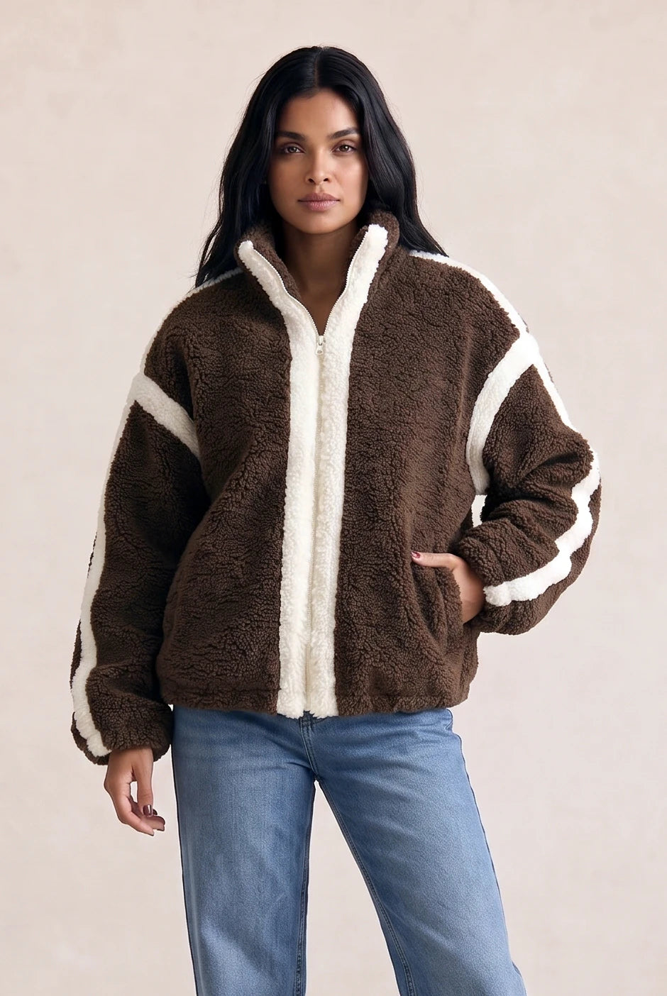 Contrast Detail Sherpa Fleece Jacket