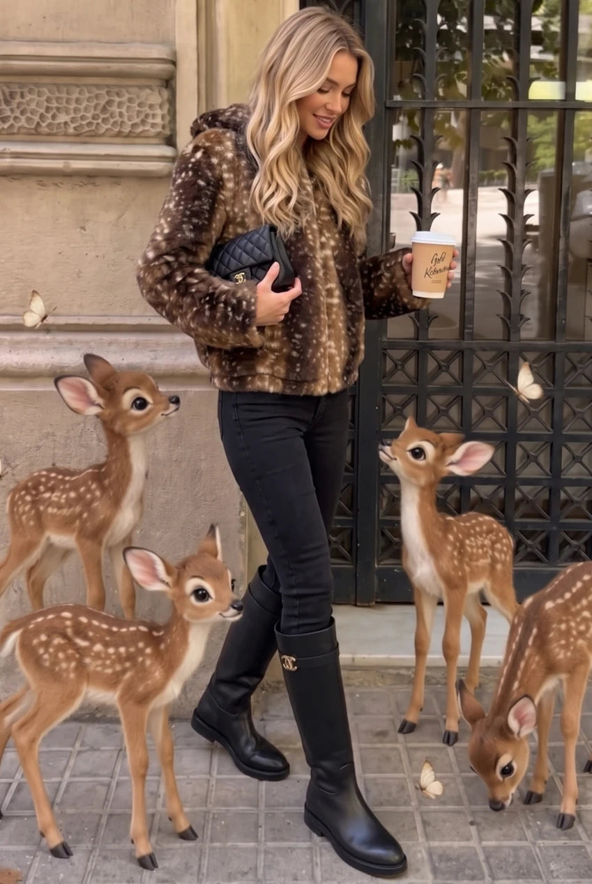 Hooded Deer Print Faux Fur Jacket