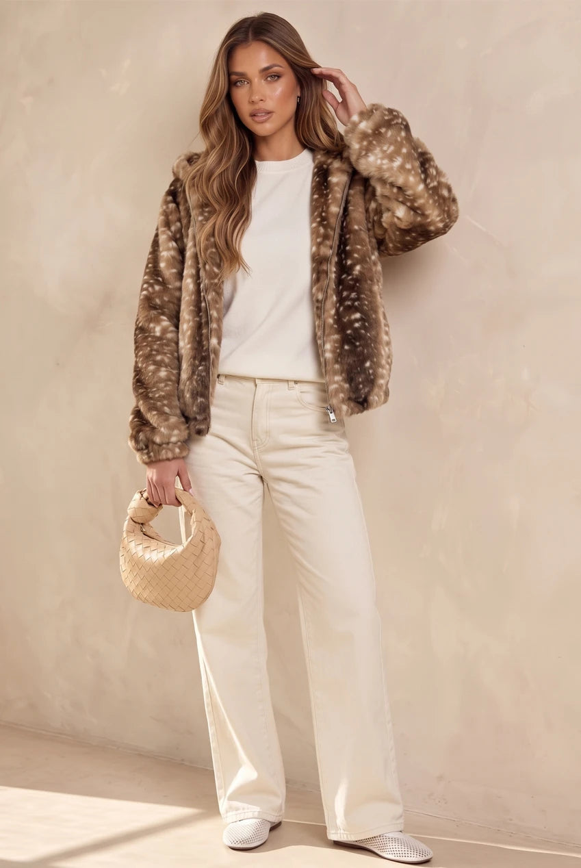 Hooded Deer Print Faux Fur Jacket