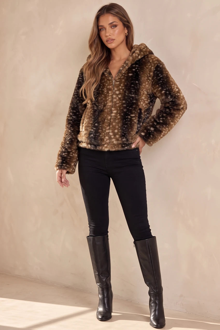 Hooded Deer Print Faux Fur Jacket