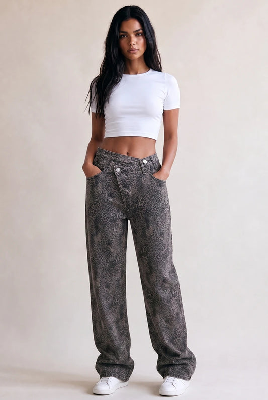 Animal Print Cross Over Waist Dad Fit Jeans