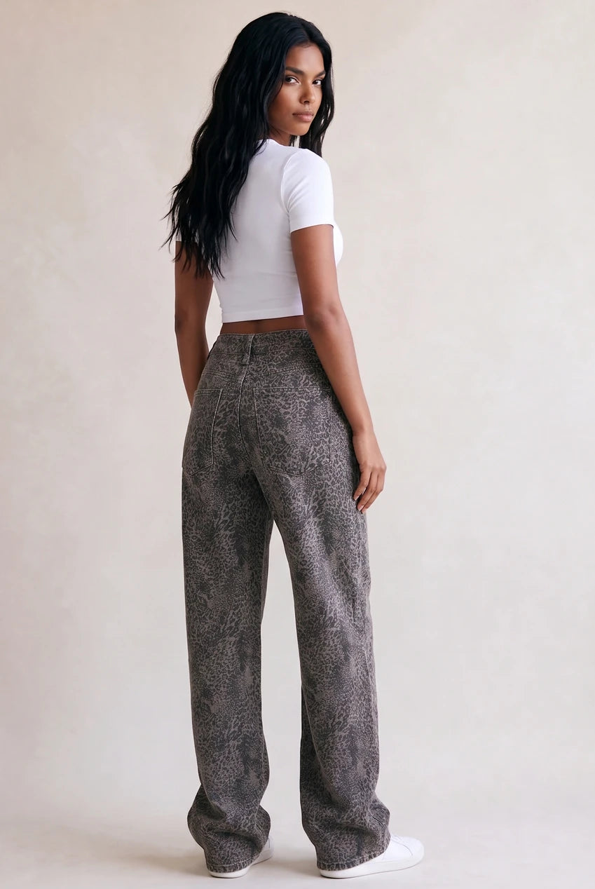 Animal Print Cross Over Waist Dad Fit Jeans
