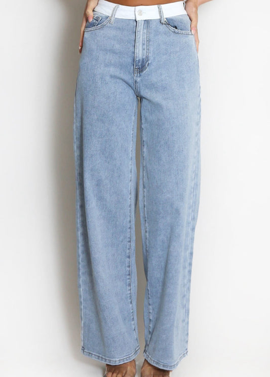 Faded Blue Banded Waist Dad Fit Jeans