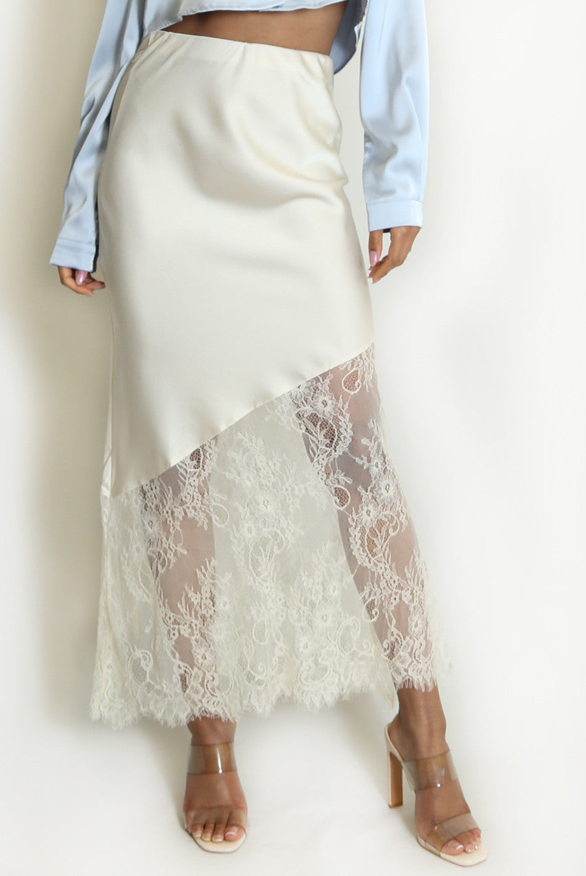 Asymmetric Lace Hem Satin Skirts