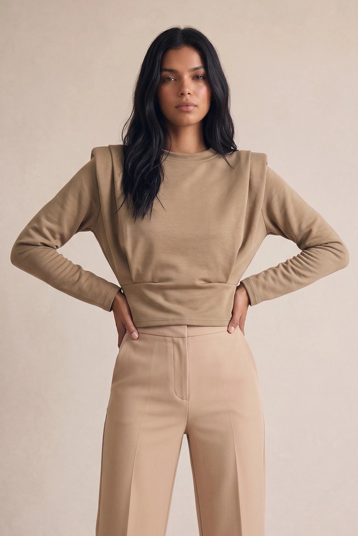 Padded Shoulders Cinched Blouse