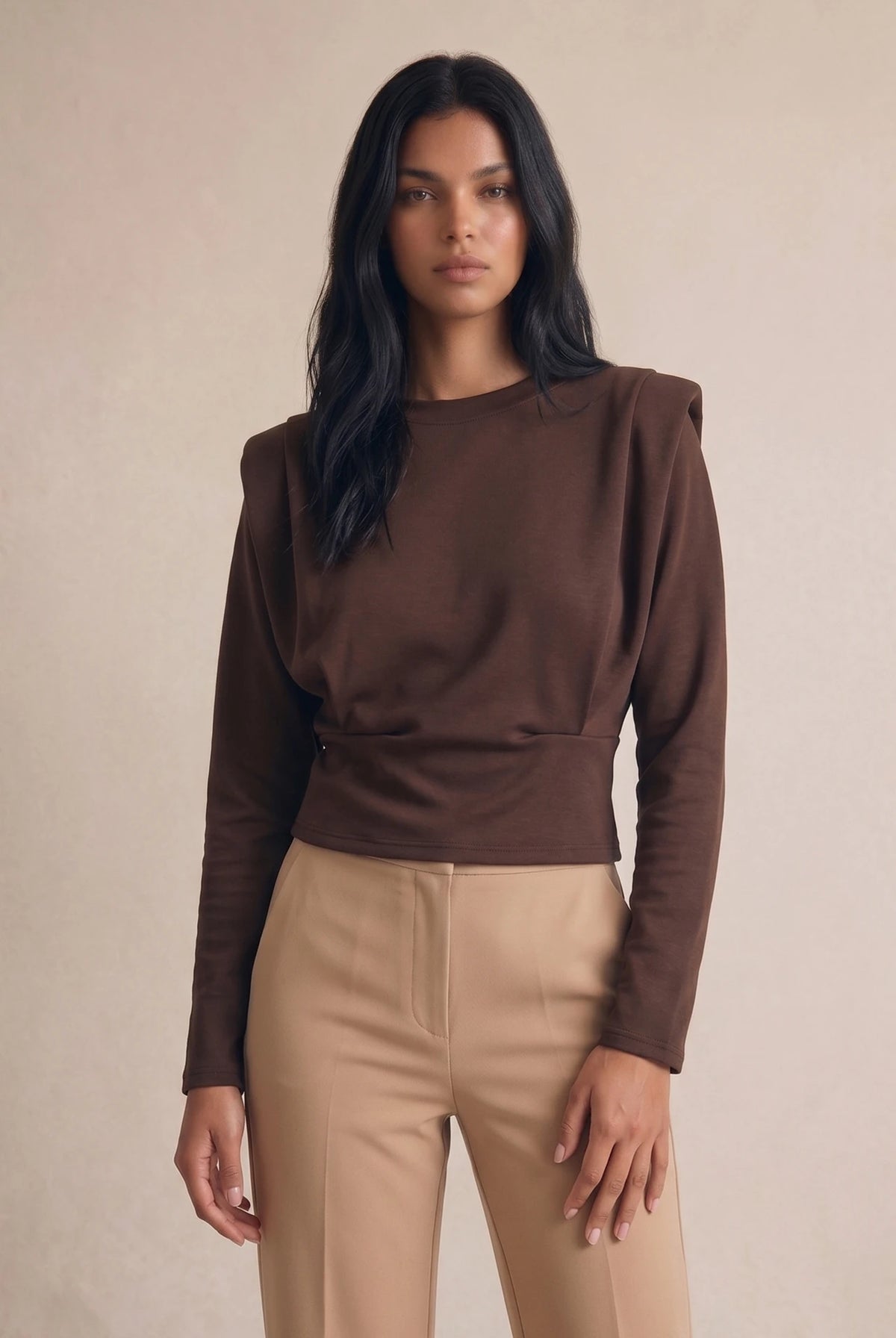Padded Shoulders Cinched Blouse