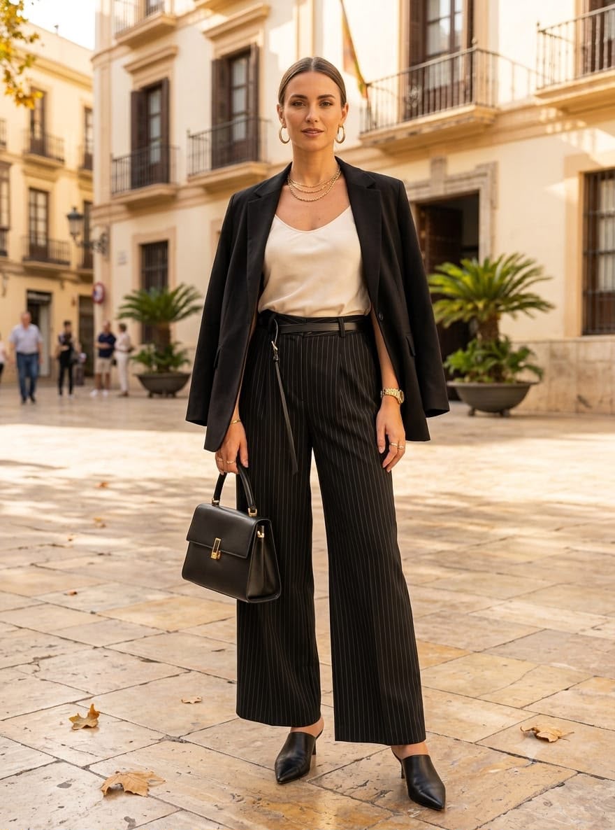 Black Belted Pinstripe Flare Trousers