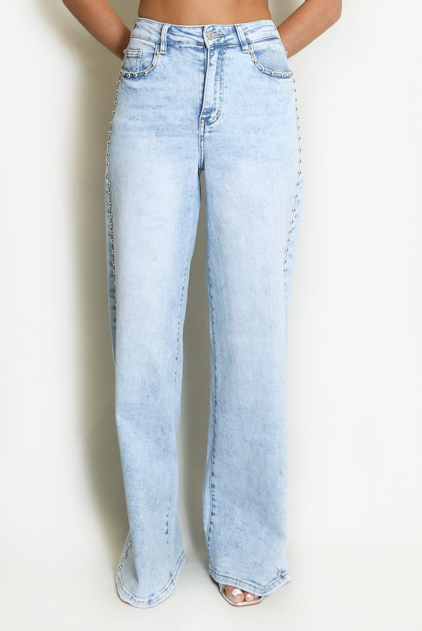 Studded Side Trim Wide Leg Jeans
