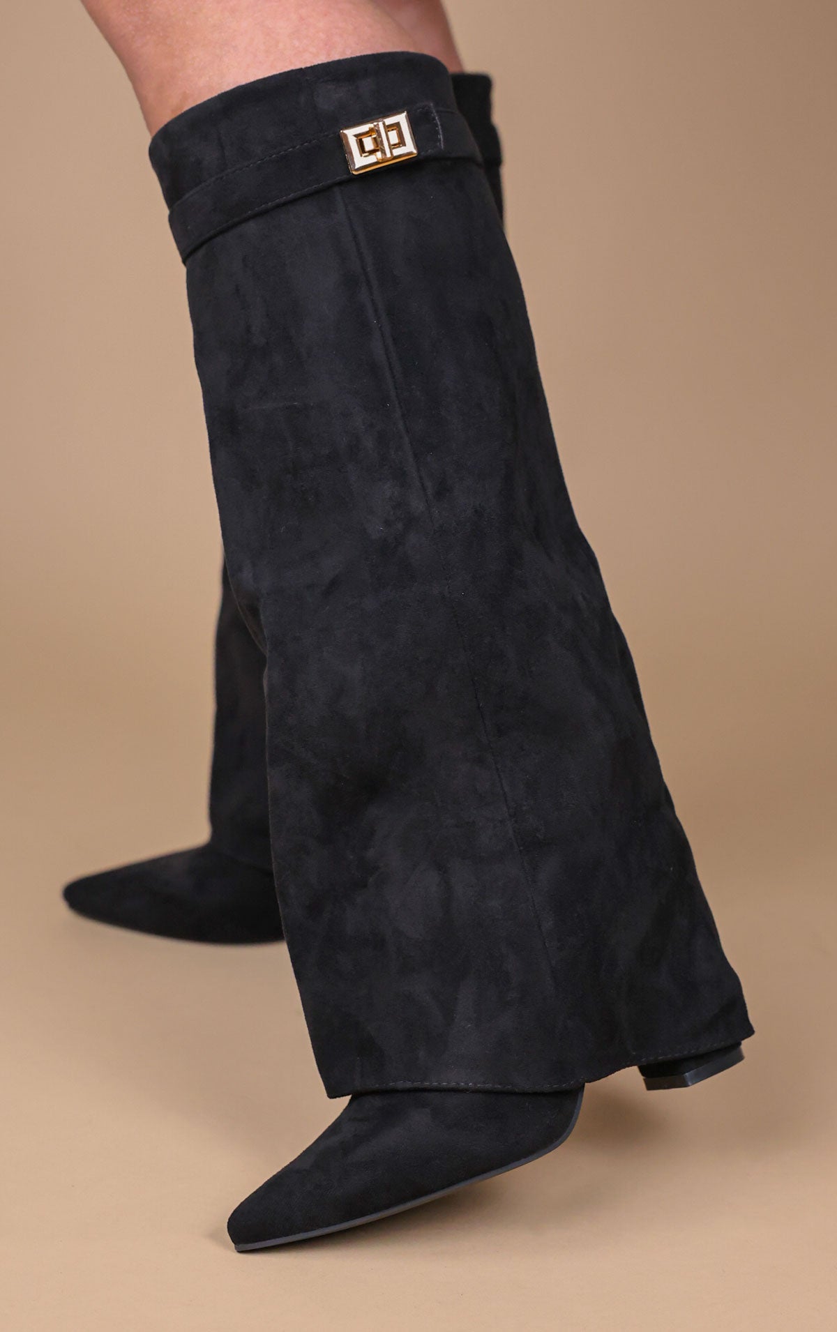Faux Suede Black Fold Over Knee High Boot