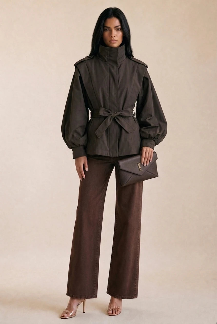 Pleated Balloon Sleeve Trench Coat