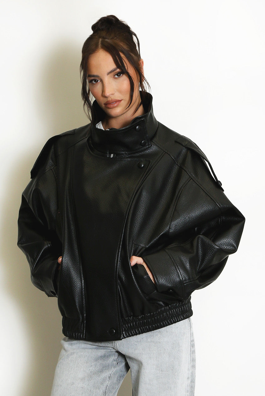 Designer Inspired Faux Leather High Neck Jacket