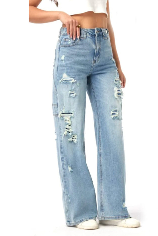 Ripped Washed Wide Leg Jeans