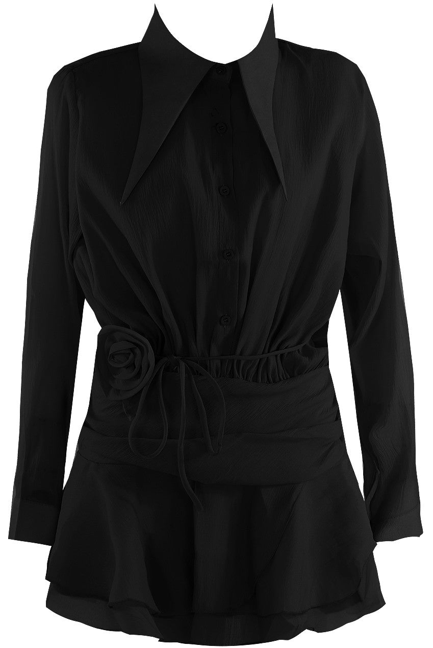 Pointed Collar Chiffon Dress with Rose Belt