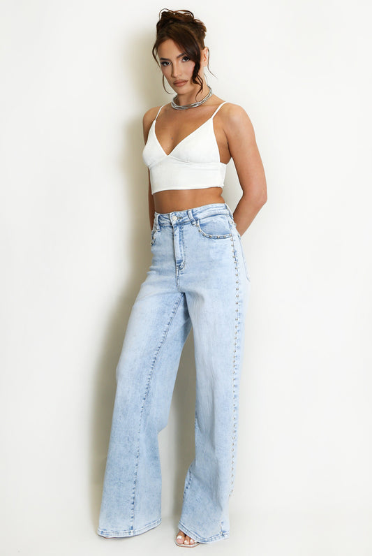 Studded Side Trim Wide Leg Jeans