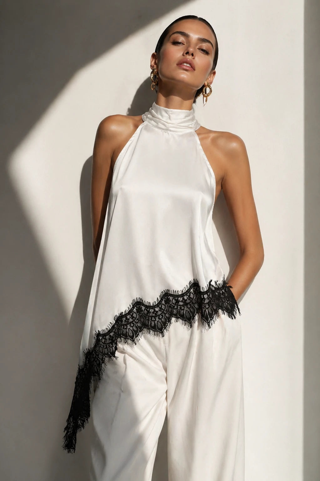 Satin Halter Neck Lace Hem Top