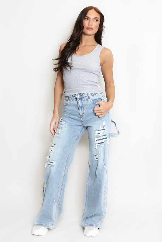 Ripped Washed Wide Leg Jeans