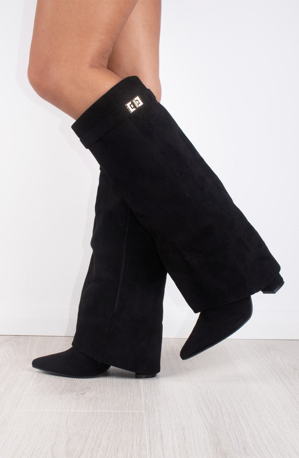 Faux Suede Black Fold Over Knee High Boot