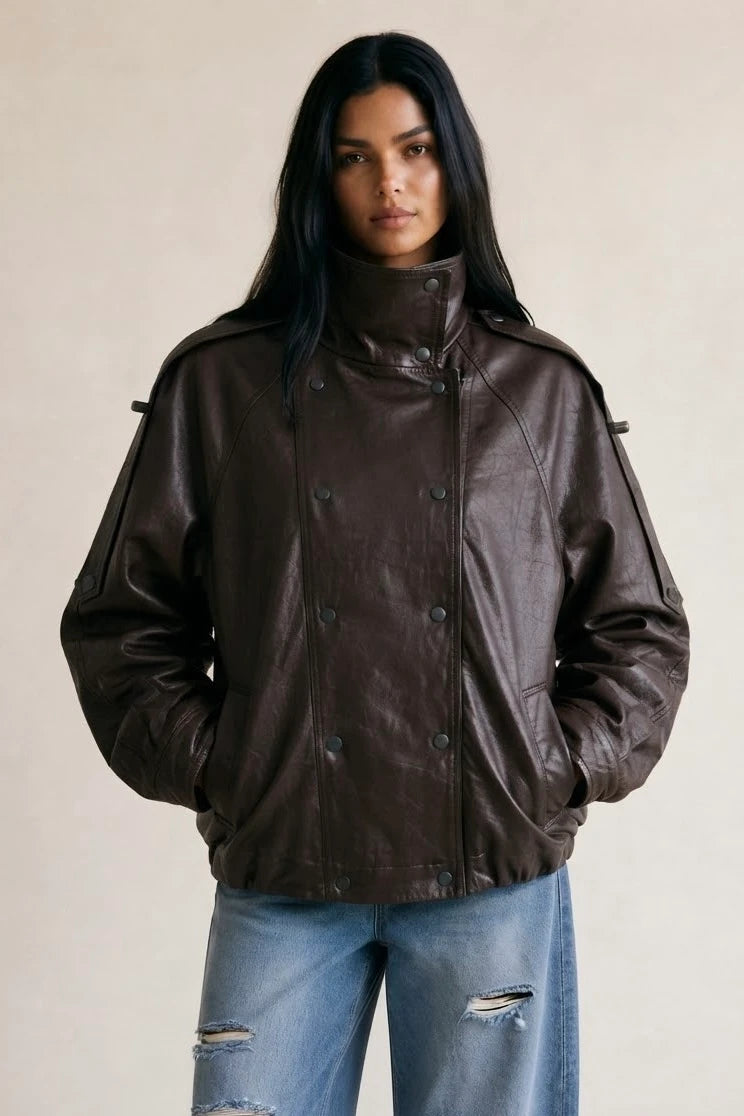Faux Leather Funnel Neck Jacket