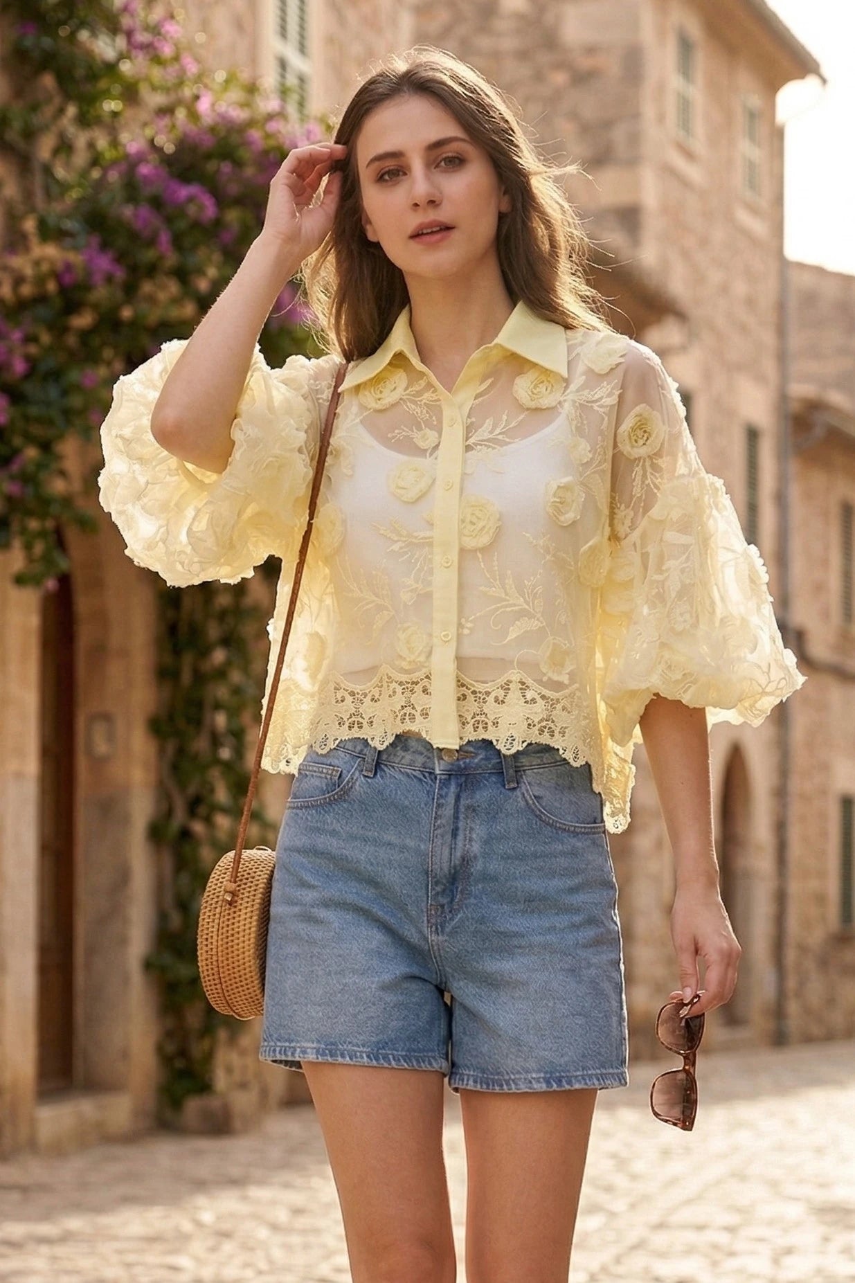 Lace Embroidered Puff Sleeve Blouse