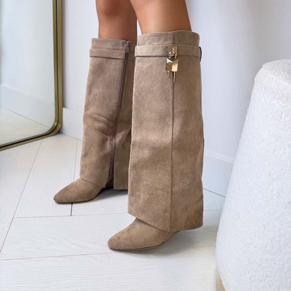 Designer Inspired Gold Lock Detail Boots