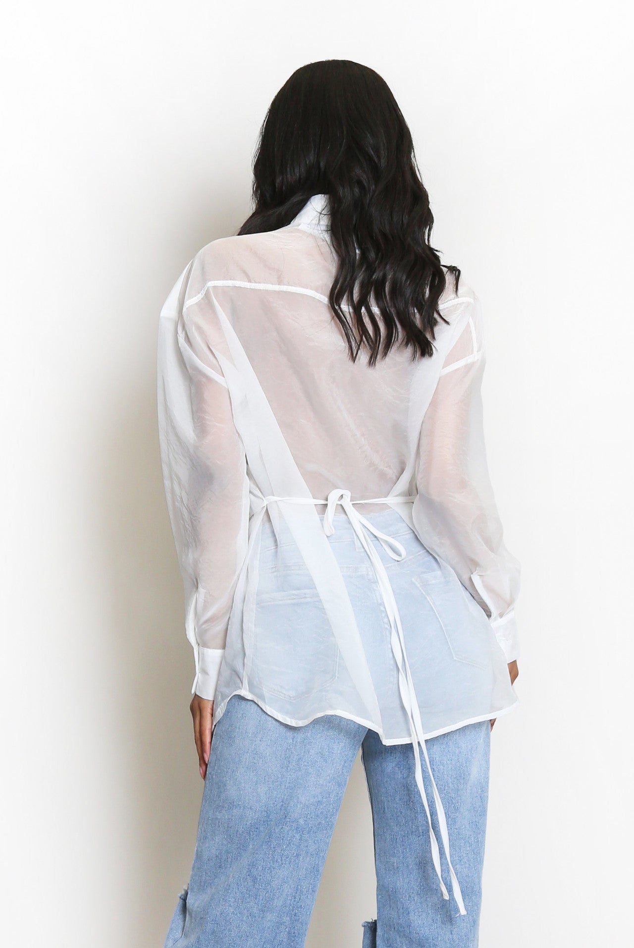 Sheer Hem Button Up Blouse