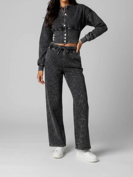 Acid Wash Button Up Loungewear Set