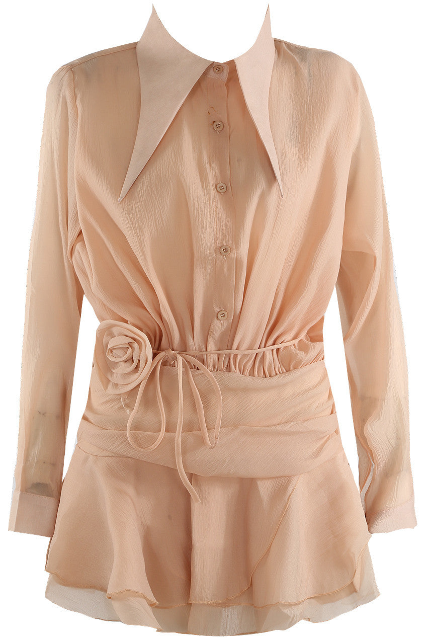 Pointed Collar Chiffon Dress with Rose Belt