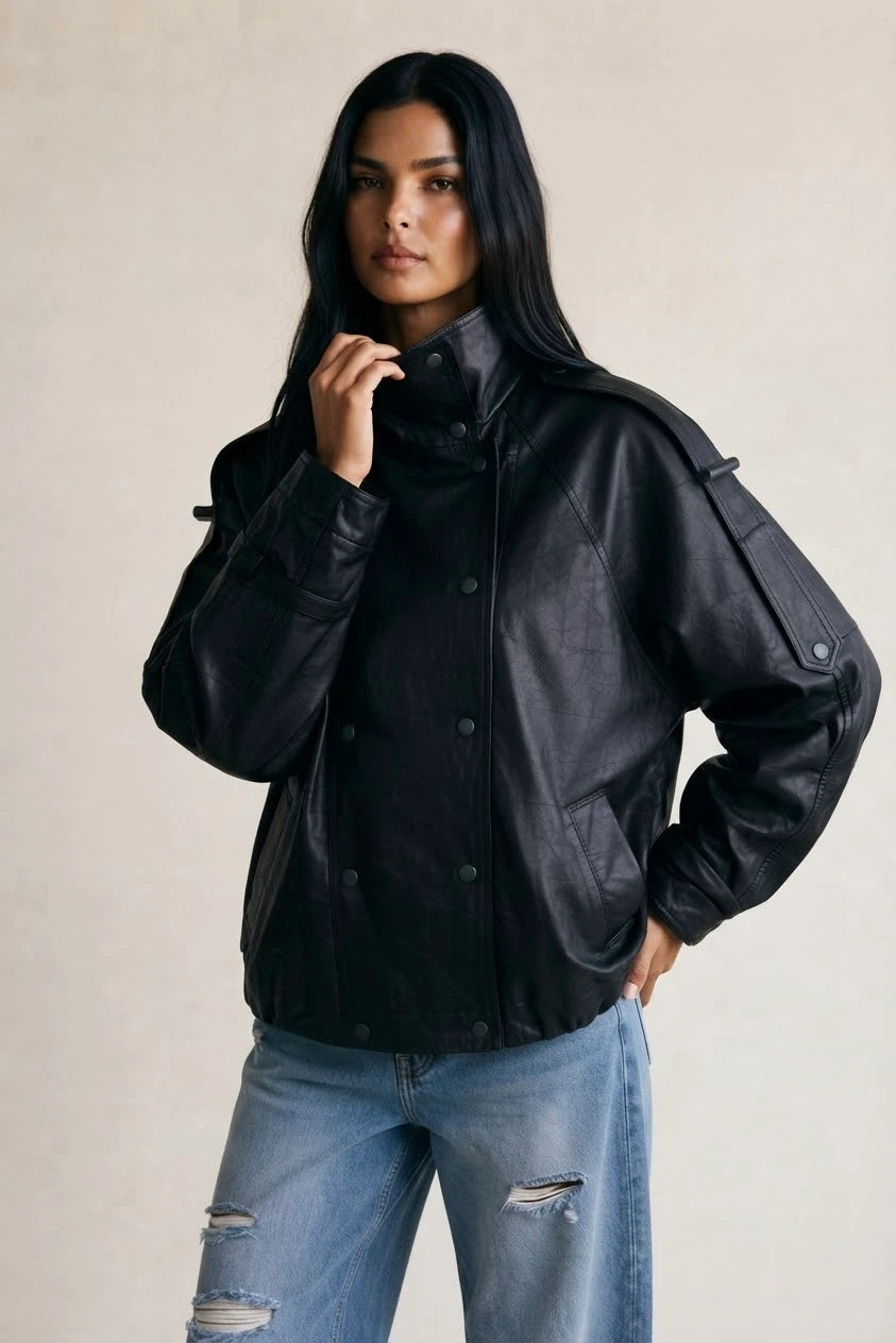 Faux Leather Funnel Neck Jacket
