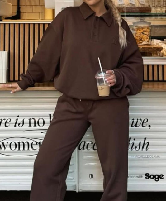 Collar Loungewear Suit with Wide Leg Trousers