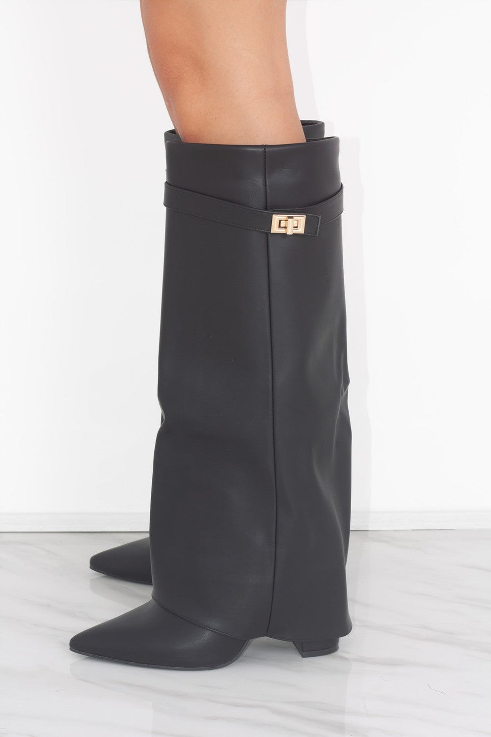 Leather Black Fold Over Knee High Boot