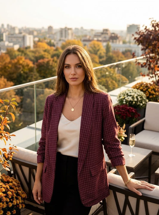 Checkered Ruched Sleeve Blazer