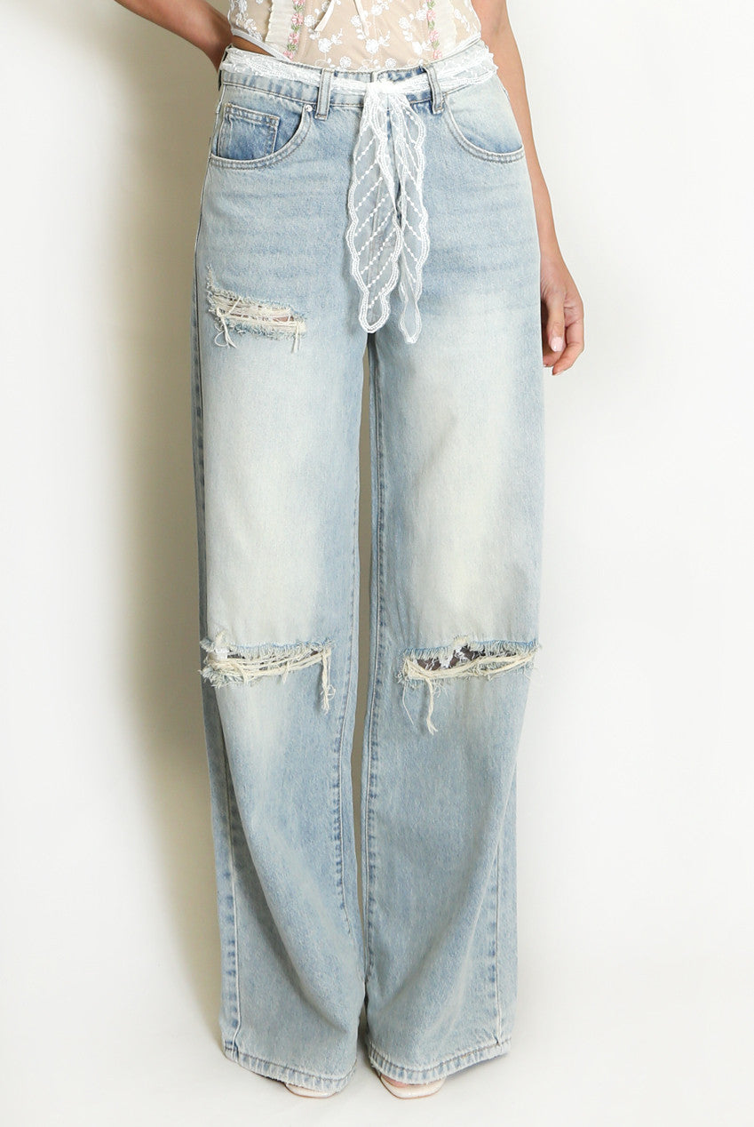 Lace Trim Ripped Dad Jeans