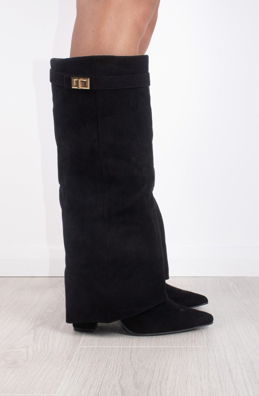 Faux Suede Black Fold Over Knee High Boot