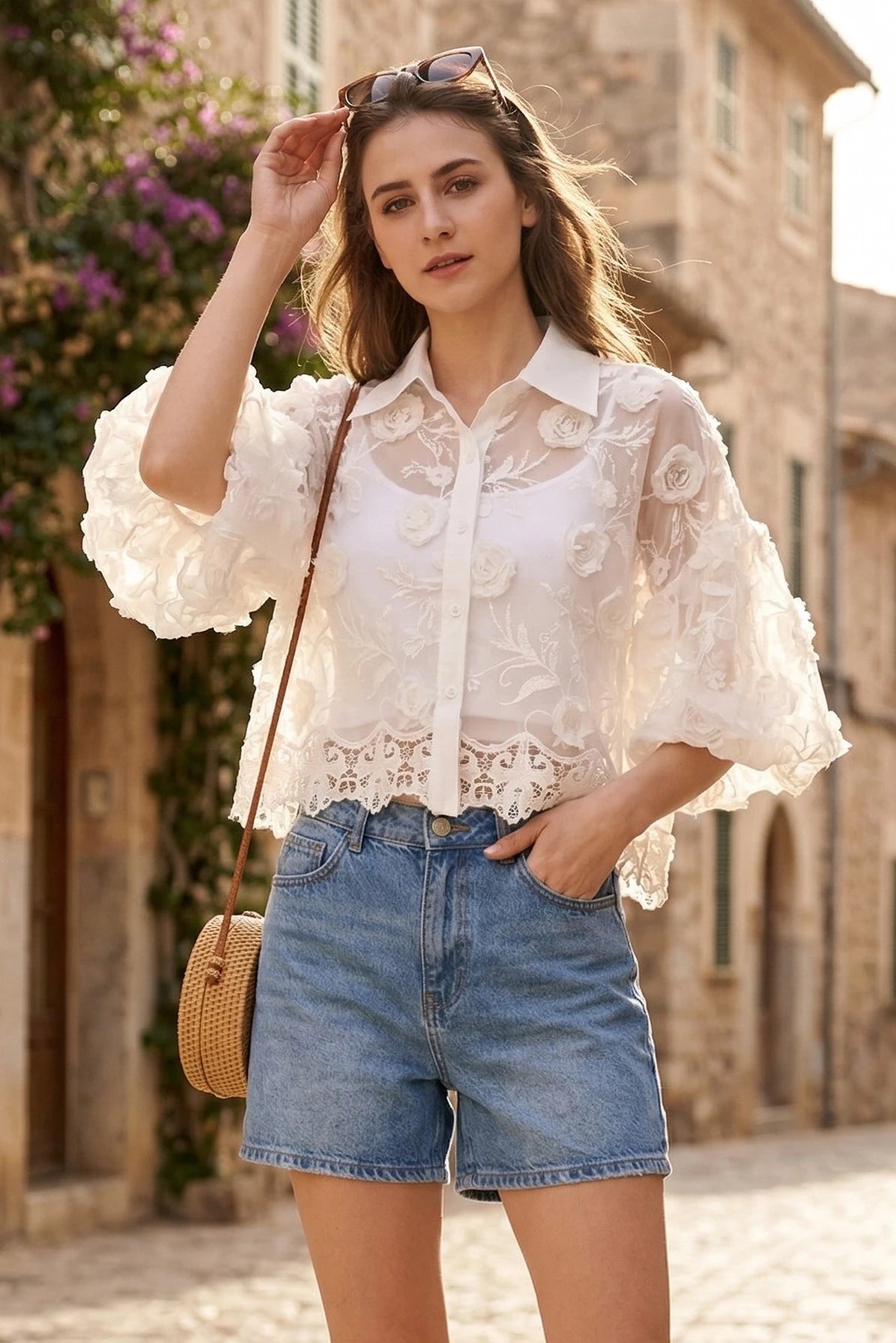 Lace Embroidered Puff Sleeve Blouse