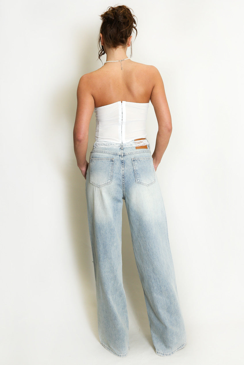 Lace Trim Ripped Dad Jeans