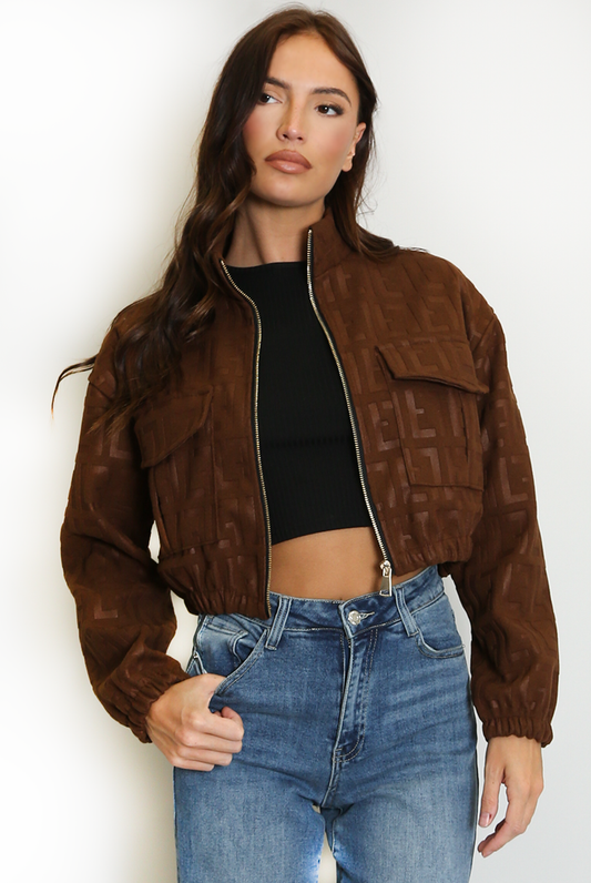 Embossed Cropped Faux Suede Bomber Jacket Designer Inspired